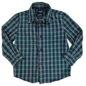 Nautica Boys Plaid Button-Up Shirt 3T Long Sleeve Blue Green Casual Top